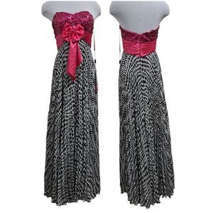 Night Moves Strapless Polka-Dot Formal Maxi Dress Front Bow Tie S 8 Fuschia NWT